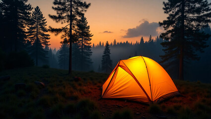 Wall Mural - Camping tent at the bottom of the image in front of a green forest at dusk at the top of the image, space for copy