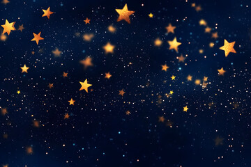 Wall Mural - christmas and new year banner with gold stars with shimmering bokeh lights on dark blue background. 