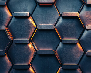Poster - Modern metallic hexagonal pattern with glowing orange highlights