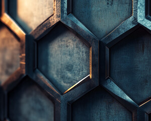 Poster - Abstract metallic hexagonal pattern with golden and blue highlights