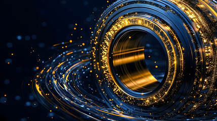 Poster - Abstract close-up of a metallic sphere surrounded by shimmering golden sparks and swirling light trails, creating a dynamic and futuristic visual experience