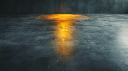 Poster - Beautiful Textured Concrete Floor with Warm Golden Light Reflection Creating an Inviting Atmosphere in an Empty Space