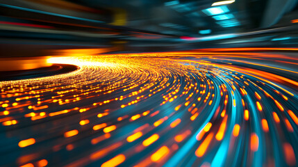 Poster - Abstract motion blur of vibrant orange light streaks and glowing particles on a dark background, conveying speed, energy, and technological advancement in a captivating visual display.