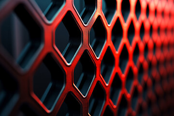 Poster - Modern abstract macro of a geometric red and black surface with hexagonal grid design and futuristic texture