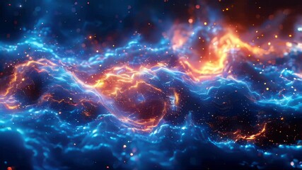 Poster - abstract wavy background with glowing particles in space
