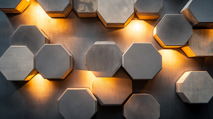 Poster - Modern hexagonal light installation with warm glowing accents on a textured wall