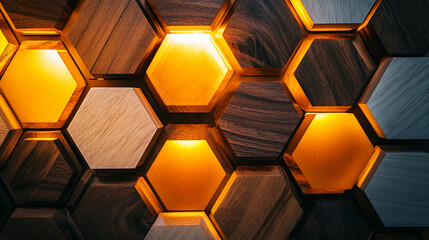 Poster - Wooden hexagonal design with glowing orange lights and intricate textures