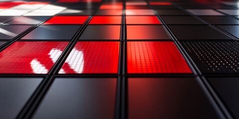 Poster - Abstract red and black tile grid with reflective textures creating a modern and futuristic design