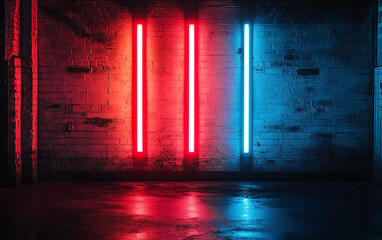 Poster - Red and blue neon light tubes on a textured brick wall with reflections on the floor