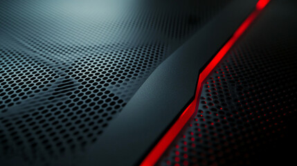 Poster - Close-up of a perforated black metal surface with glowing red light, creating a futuristic industrial look