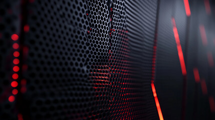 Poster - Close-up of a futuristic black metal surface with hexagonal perforations and glowing red light effects
