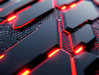 Poster - Futuristic hexagonal and geometric patterns with glowing red lights and metallic textures