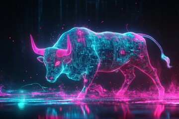 Poster - Futuristic cybernetic bull with neon glow  a dynamic fusion of nature and technology