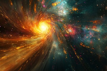 Poster - Bright light from an interstellar tunnel, surrounded by colorful rays and cosmic energy flow