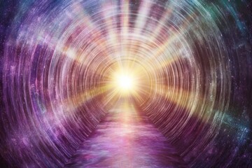 radiant light in an interstellar tunnel surrounded by colorful rays and stars of cosmic energy