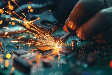 Poster - Expert electronics technician repairs circuit board with soldering iron creating sparks