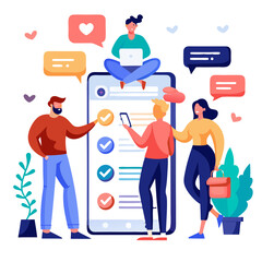 Poster - Four people engaged in lively discussion while interacting with a mobile app featuring colorful chat bubbles