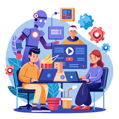 Poster - Programmers collaborating on the development of futuristic applications in a vibrant workspace