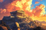 Stunning sunset over the acropolis of athens, highlighting the parthenon and ancient ruins.