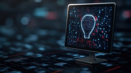 Poster - Digital Monitor Displaying Light Bulb Icon in Bright Pixels on Futuristic Background of Data and Technology for Innovative Ideas and Concepts
