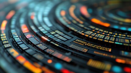 Poster - Abstract digital background featuring vibrant concentric circles of illuminated data streams, showcasing technology, innovation, and information processing in a futuristic setting
