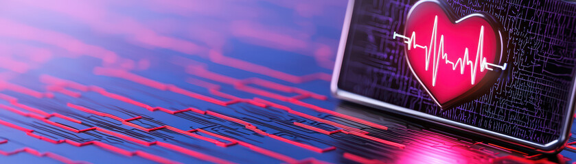 Poster - Digital health monitor displaying heart rate on vibrant circuit background, symbolizing technology and wellness