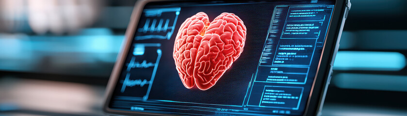 Poster - digital health monitor displaying vibrant brain shaped graphic, symbolizing health and technology
