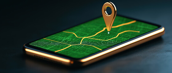 Poster - close up of smartphone screen displaying green map with location pin, symbolizing navigation and exploration