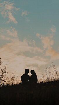 Silhouette of a couple sitting close together, leaning against each other with a peaceful sky in the background Valentine's day vertical social media concept, photo footage stories reels