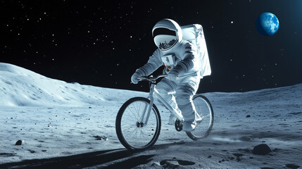 Wall Mural - astronaut rides bicycle on lunar surface under earth light