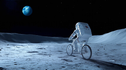 Wall Mural - riding a bicycle on the lunar surface while viewing earth