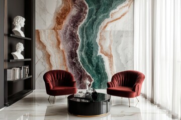 Wall Mural - Sophisticated modern interior with striking marble wall, velvet chairs, and minimalist decor