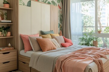 Wall Mural - Modern minimalist bedroom with wooden bed, coral accents, natural light, and botanical wallpaper