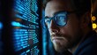 © Vadym - Focused developer examines code on computer screen. Full-stack developer intensely studies programming language on luminous monitor. Tech expert works on website optimization. Digital interface