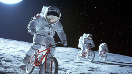 Wall Mural - astronauts riding bicycles on the moon at night