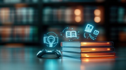 Aufkleber - Conceptual Illustration of Modern Learning with Books, Video Game Controller, and Digital Icons Representing Knowledge and Creativity in a Library Environment