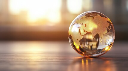 Aufkleber - Stunning Image of a Glass Globe on a Wooden Surface with Beautiful Sunset Lighting Highlighting Earth’s Continents and Details of the Map