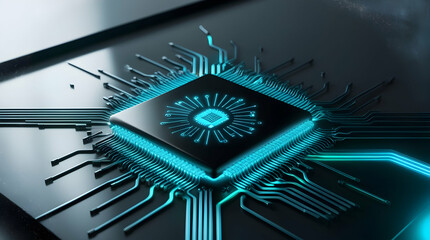 Poster - Blue glowing central processing unit on circuit board.