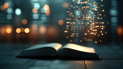 Aufkleber - Open book with floating digital text and glowing particles in a blurred library background, symbolizing knowledge, learning, and digital innovation in education