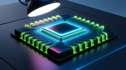 Poster - Close-up of a glowing computer microchip illuminated by a desk lamp.