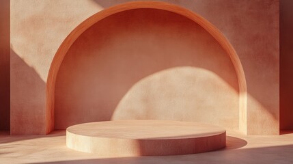 Wall Mural - A minimalist stage design featuring a circular platform and an arch in warm tones.