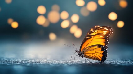 Poster - Vibrant Monarch Butterfly Resting on a Surface with Glowing Bokeh Lights in the Background, Capturing the Beauty of Nature and Light in a Stunning Close-Up Photography
