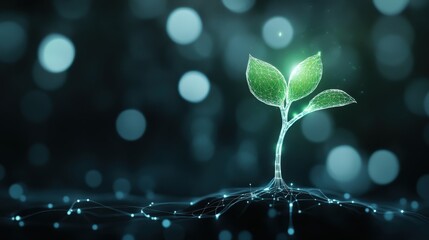 Fototapete - Digital representation of a sprouting plant symbolizing growth and innovation in technology, showcasing a blend of nature and digital elements with vibrant colors and glowing effects.