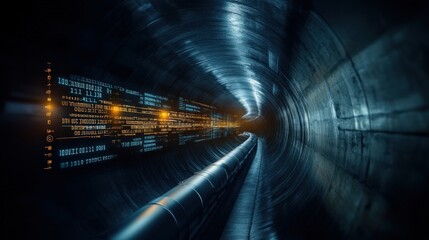 Poster - Abstract View of a Futuristic Tunnel with Glowing Data Streams and Reflections, Evoking a Sense of Technology and Digital Transformation in a Sci-Fi Environment