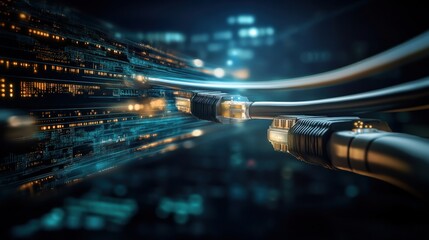 Fototapete - High-Speed Data Transmission Concept with Optical Cables in a Futuristic Environment, Illustrating Connectivity and Technology Advancement in Digital Communication