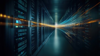 Leinwandbilder - Dynamic Data Flow Through Server Room with Modern Technology, Illustrating High-Speed Connectivity and Digital Transformation in Data Management