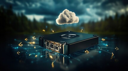 Leinwandbilder - Modern cloud computing technology represented by a futuristic server with a digital cloud hovering above, illustrating data storage and connectivity concepts in a nature setting.
