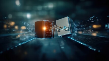 Poster - Futuristic Data Exchange Between Two Cubes in a Digital Space Representing Technology and Innovation, with Data Flow and Light Effects Enhancing the Scene