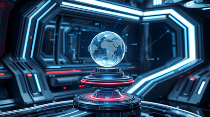 Poster - Futuristic glass Earth globe on a hi-tech platform in a dark, neon-lit spaceship interior.