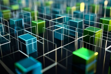 Wall Mural - Futuristic 3d network model with blue and green cubes connected by white lines on dark background